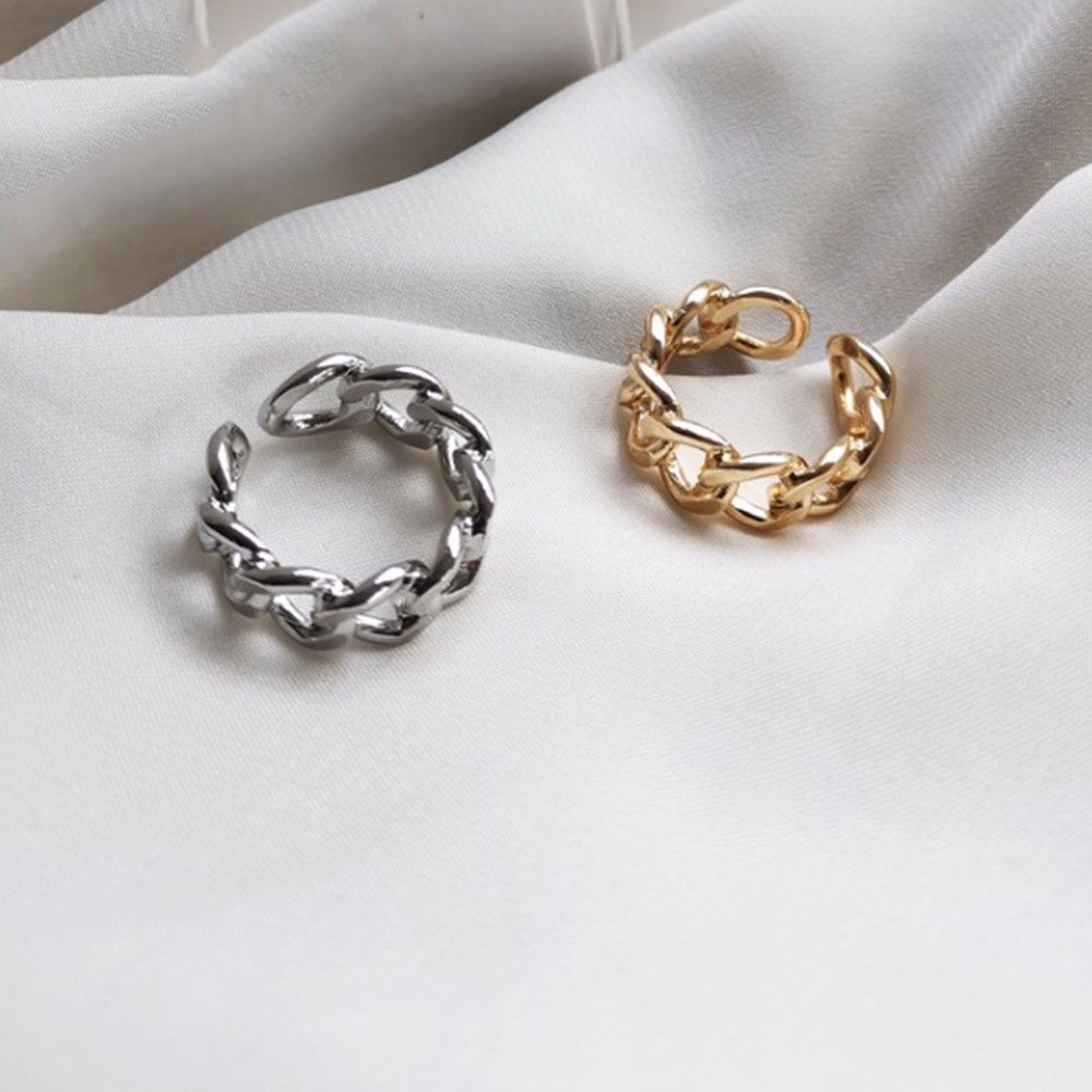 Cincin Model Terbuka Desain Rantai Twisted Geometris Bahan Logam Warna Emas Perak Gaya Vintage Punk Untuk Unisex