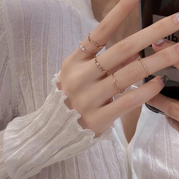 5pcs/set Korean Simple Geometric Pearl Ring Set Elegant Gold and Silver Adjustable Ring Set for Women Jewelry Accessories