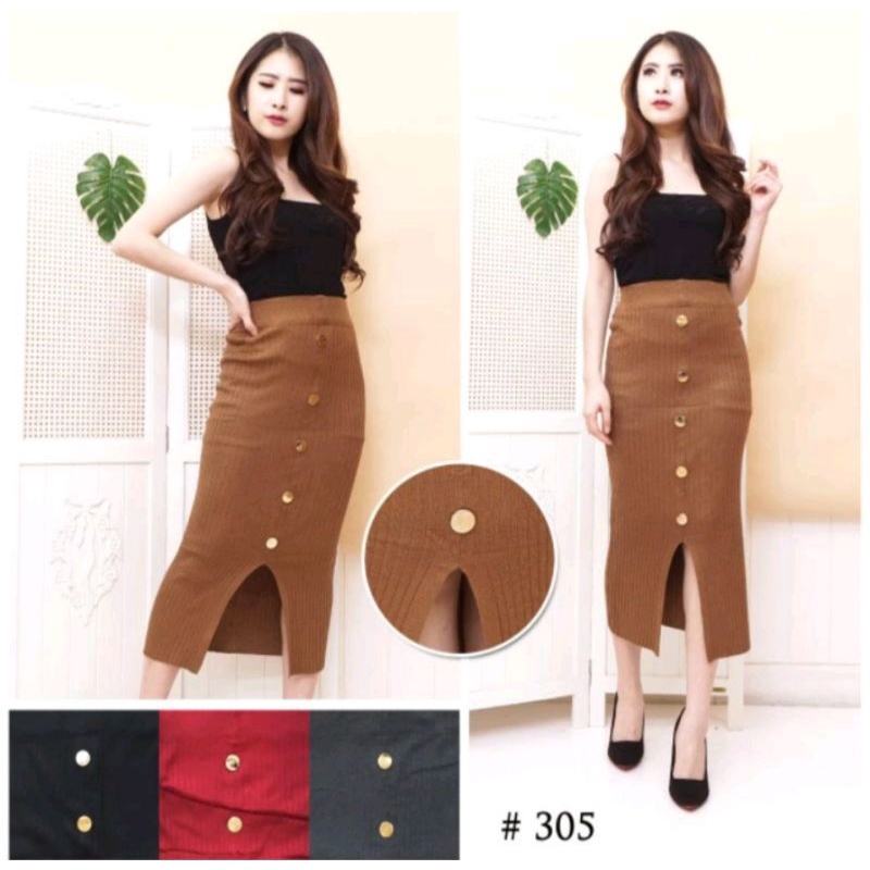 Rok Rajut Span Kancing Premium - Rok Rajut Premium - Rok Rajut Belah - Rok Span Rajut