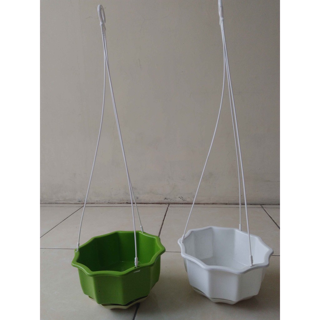 POT BUNGA HIAS PLASTIK - POT GANTUNG ENOKI 6 PUTIH TALI + TATAKAN BUNGA PLASTIK TANAMAN HIAS POLOS B