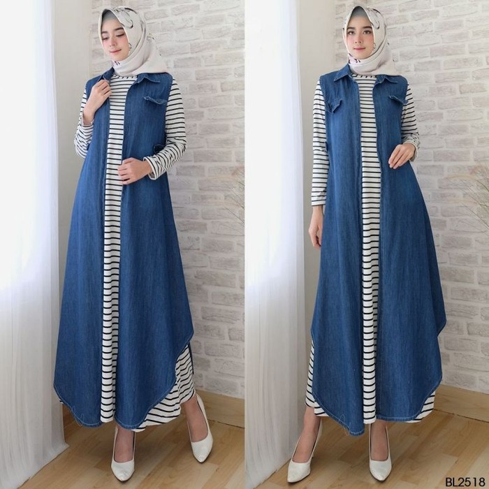 GAMIS SYARI PREMIUM-OUTER SET LONG JEANS LOUSI FIT TO L SETELAN BAJU MUSLIM GAMIS CARDI - Navy