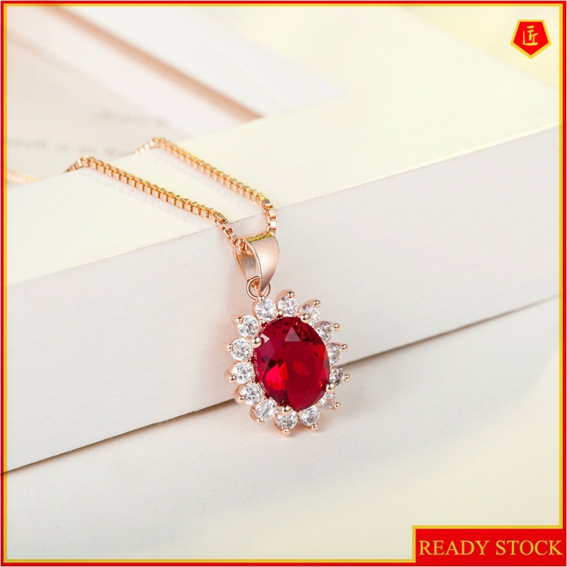 [Ready Stock]Fashion Inlaid Ruby Pendant Rose Gold Necklace