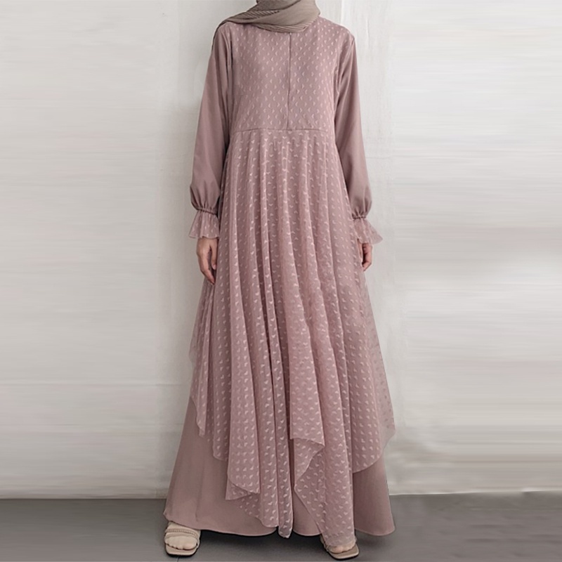 ZANZEA Women Casual Fashion Long Sleeve Lace Patchwork O-Neck Loose Muslim Maxi Dress