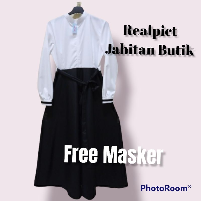 GAMIS HITAM PUTIH PREMIUM / TANGAN LIST HITAM GAMIS KANTOR GAMIS KERJA