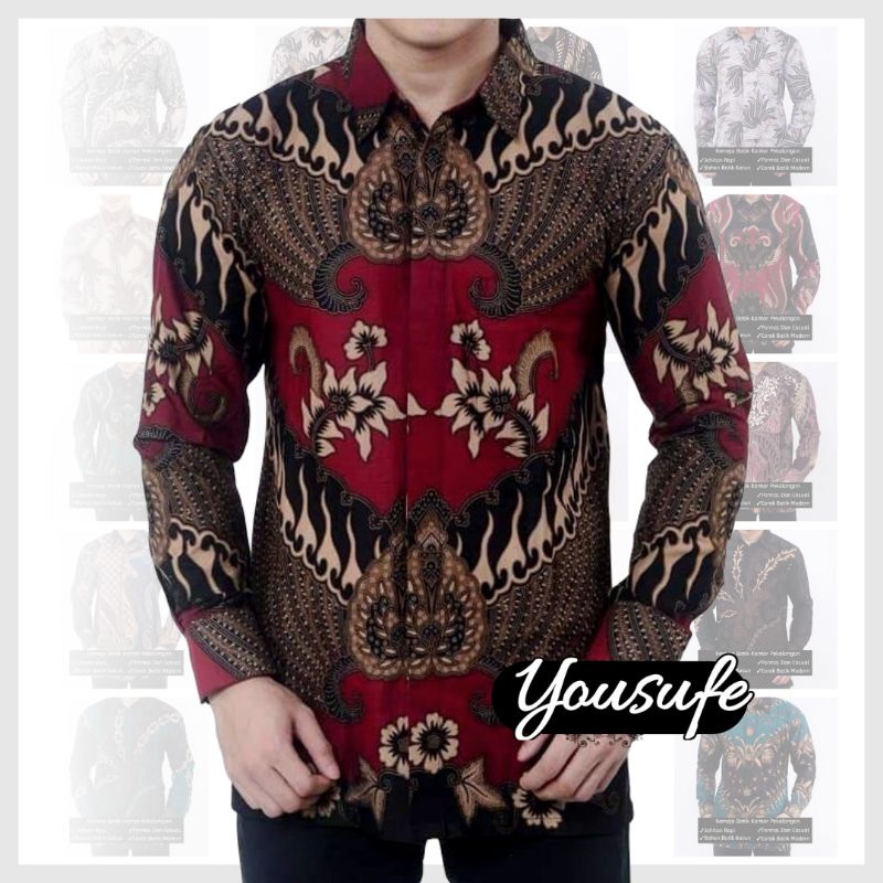 Kemeja Batik Pria Lengan Panjang Merah Hitam Favorit Seragam Pernikahan Acara Sekolah Kode GRD17 Bisa Cod Cocok nyaman Adem