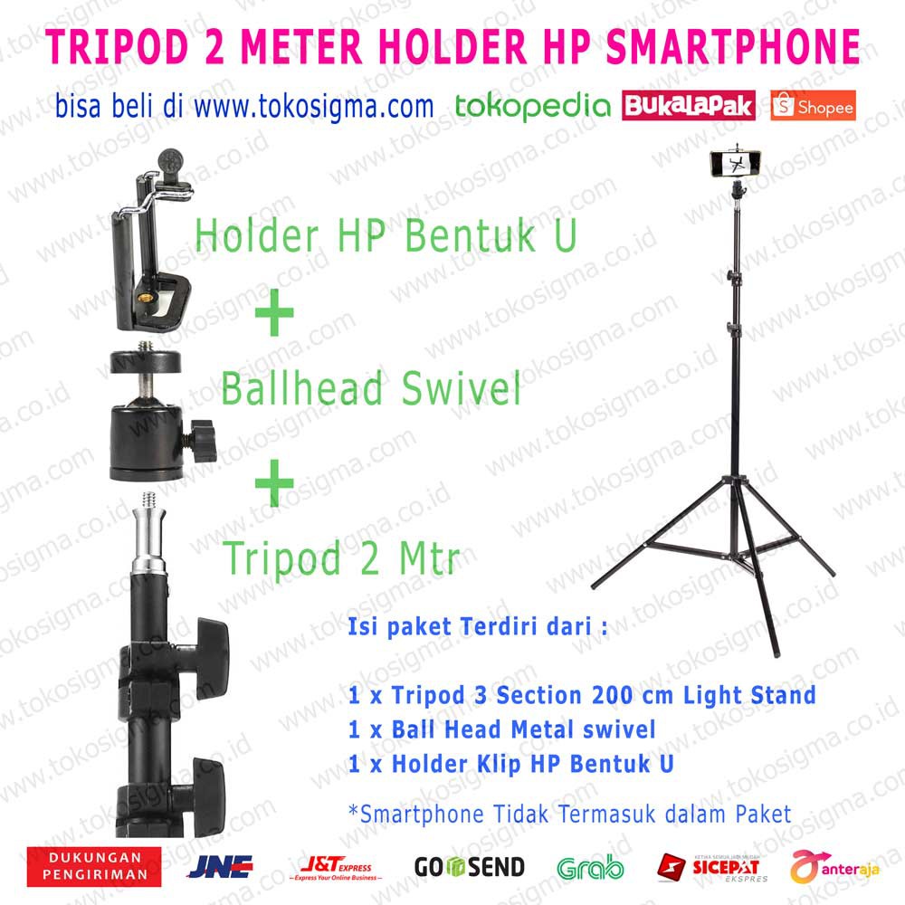 TRIPOD HP HOLDER KLIP SMARTPHONE 2 METER BALLHEAD SWIVEL LIGHT STAND