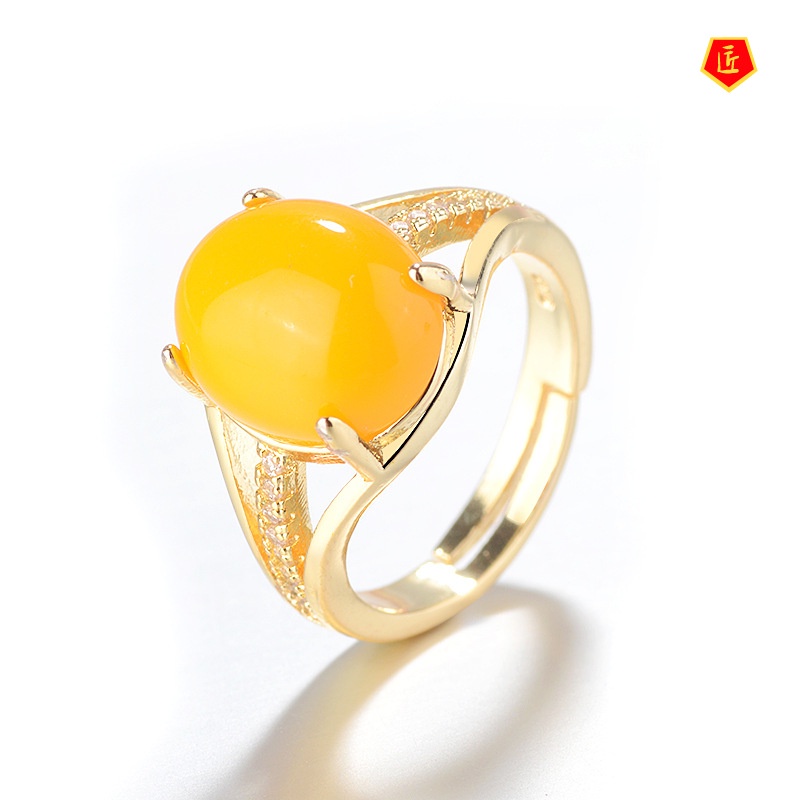 [Ready Stock]Fashion New 925 Silver Amber Ring Canary Stone Temperament Elegant Simple