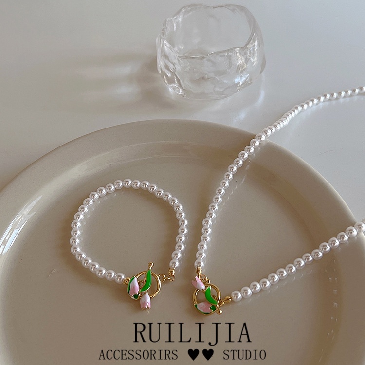 IFYOU Kalung Rantai Choker Liontin Bunga Tulip Hias Mutiara Gaya Vintage Untuk Wanita