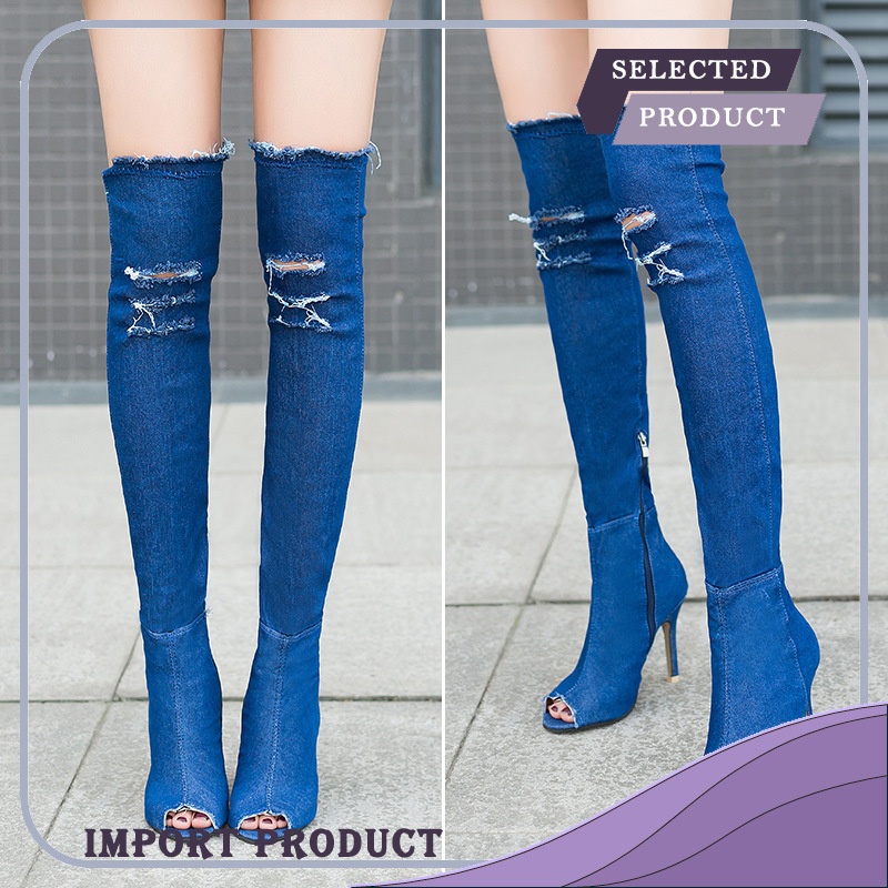 Sepatu Boot Wanita 2017 New Ikan Mulut Heel Lebih Lutut Bintang Sama Lembut Kaki Elastik Keren Koboi