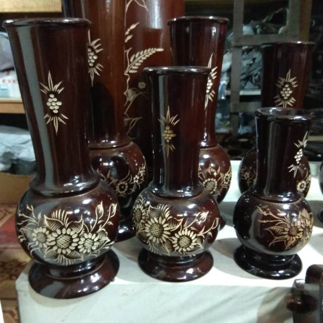 SATU SET VAS BUNGA KAYU JATI CUKIT CEMBUNG MOTIF BUNGA ISI 3 PCS - DEKORASI RUMAH MURAH