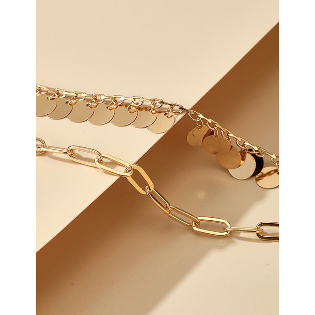 LRC Gelang Kaki Fashion Golden Thick Chain Tassel Water Drop Disc Multilayer Anklet P06604