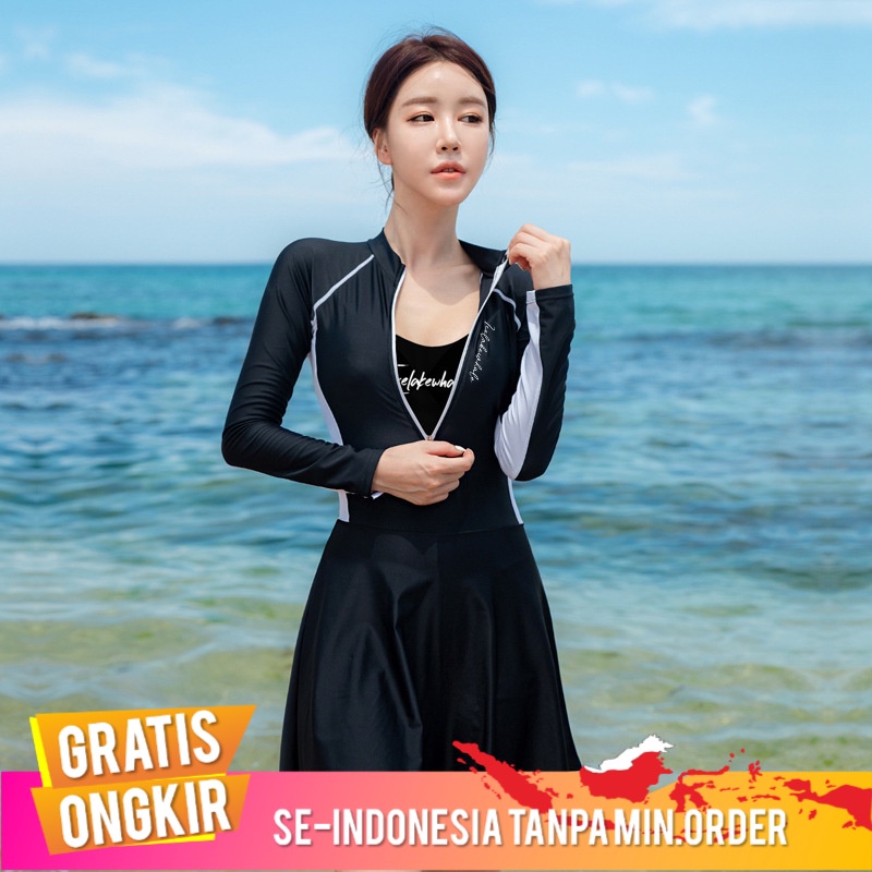 Pakaian Renang Korea Baju Renang Wanita Konservatif Lengan Panjang Bikini  Warna Hitam  Putih    Gau