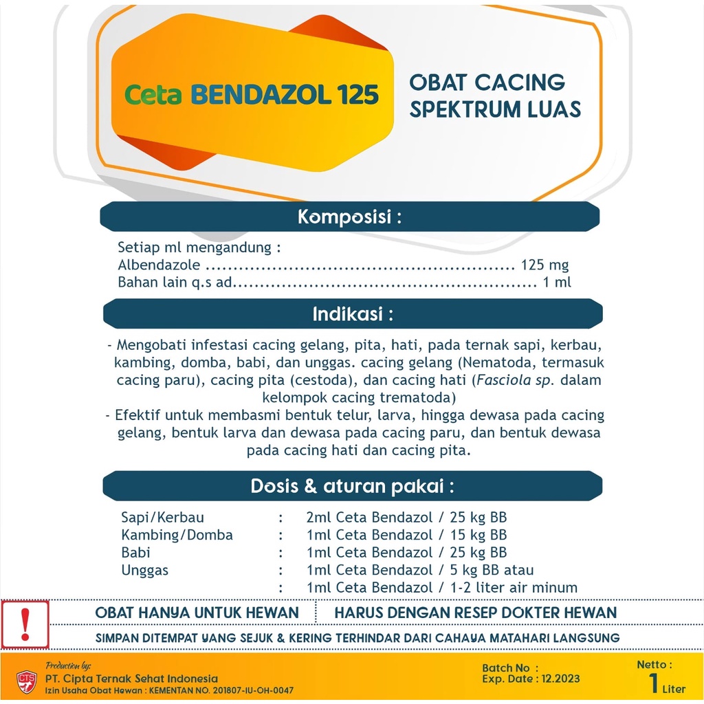 CETA BENDAZOL 125 | Obat Cacing Pada Ternak Sapi Kerbau Kambing Domba Ayam | 1 Liter | Apoternak