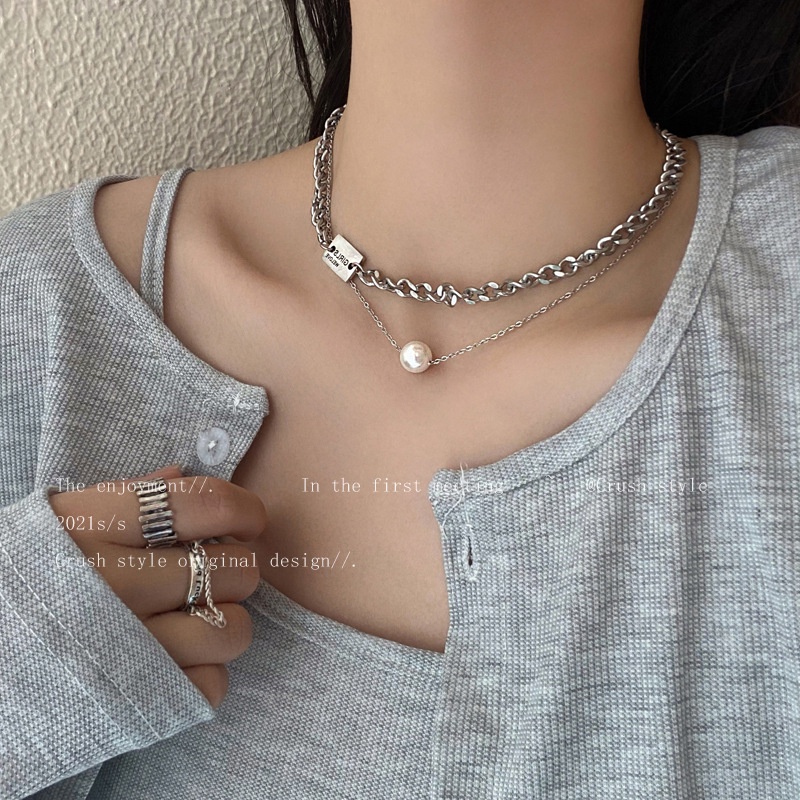 Double-layer twin titanium baja pelat persegi Kuba kalung untuk wanita in trendy hip-hop punk kalung