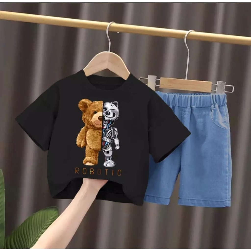 Setelan baju celana denim bayi anak motif teddy bear robotic usia 6 bulan-5 tahun bahan katun trendy terbaru termurah/Setelan baju celana denim bayi anak laki laki/ Setelan baju celana denim bayi anak cowok/ Setelan baju celana denim bayi anak perempuan