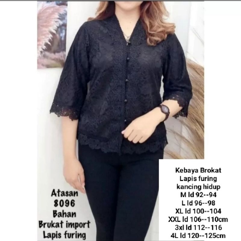 Atasan blus kebaya hitam full brukat hitam putih merah hijau biru lengan 7/8 kancing hidup s m l xl xxl xxxl