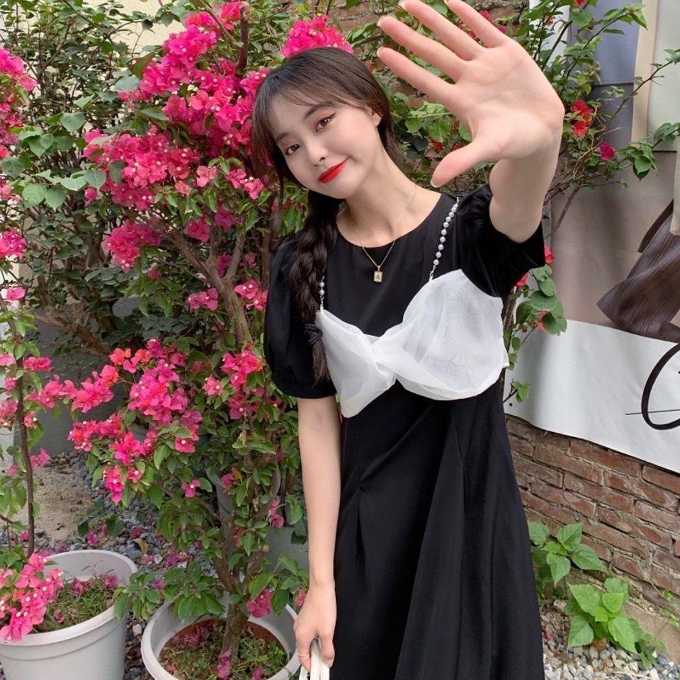 [littlecrab] Dress Pita Putih Biru Langit Hitam Long Dress With Pearl And Ribbon Simple Elegan Gaun Wanita Panjang Lengan Pendek Berkualitas Korean Style