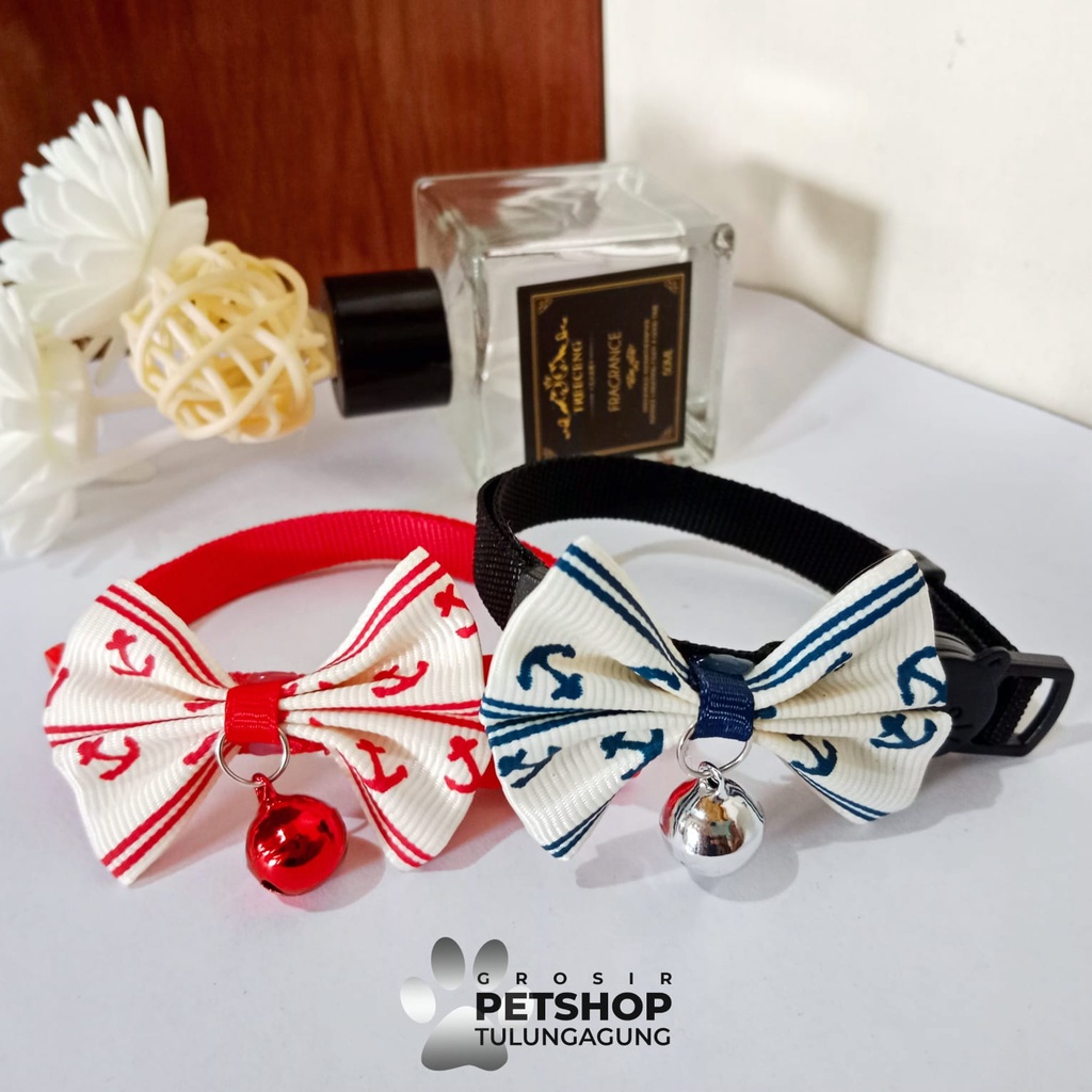 Kalung Kucing Polos Pita Besar Motif Jangkar Lonceng 12ml Bunyi