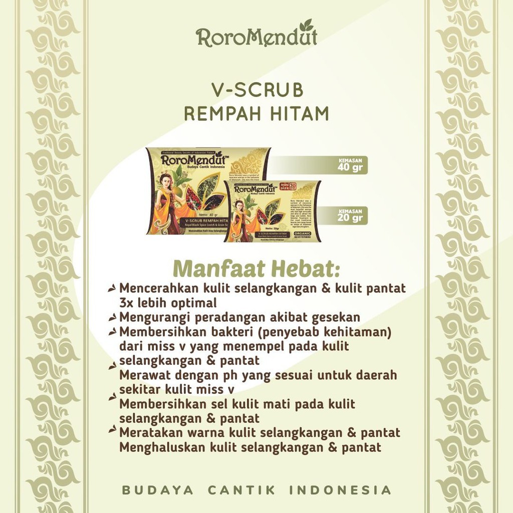 Roro Mendut V Scrub Rempah Hitam Lulur Pemutih Selangkangan / Area Kewanitaan 20gr &amp; 40gr