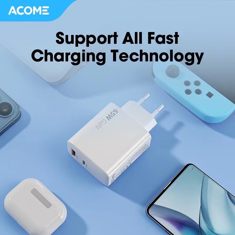 Charger ACOME ACG65 Charger GaN 65W High Power 2 Port Support All Fast-Charging Technology Garansi Resmi 1 Tahun