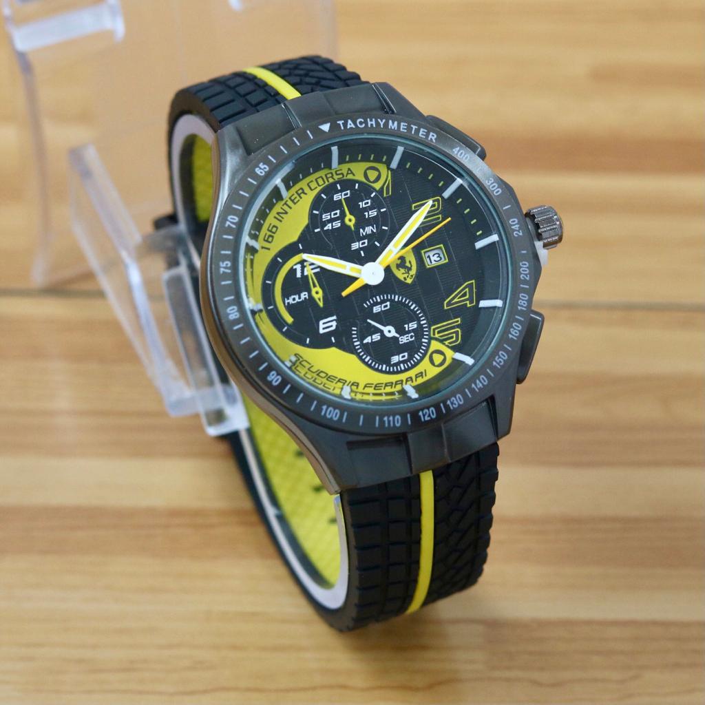 (COD) JAM TANGAN PRIA FERRARI 4506PW ANALOG TALI RUBBER/KARET TANGGAL AKTIF CHRONO HIASAN/OFF GARANS