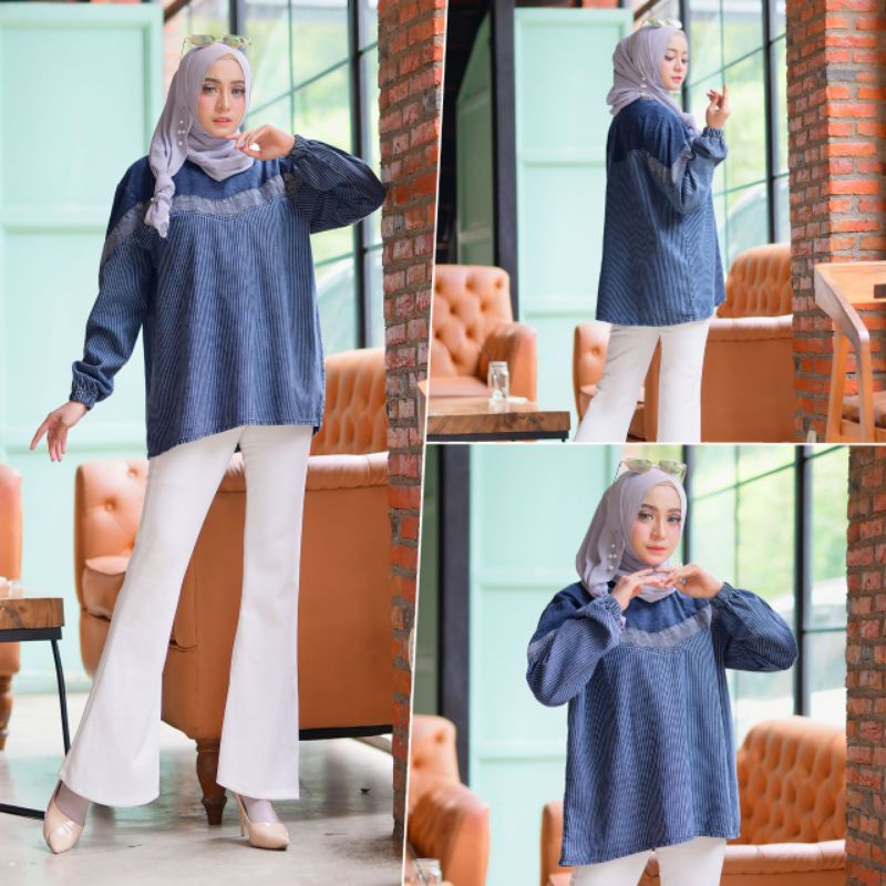 atasan baju wanita jeans baju lengan panjang ujung karet size jumbo