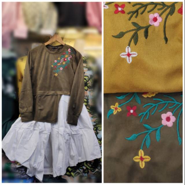 Tunik remaja wanita kombinasi katun bunga bordir import