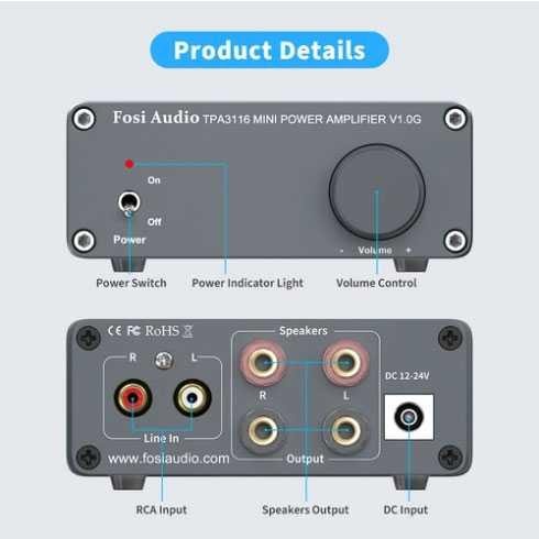 Fosi Audio Mini Amplifier 2 Ch Stereo Hi-Fi Class D Amp 50Wx2 - V1.0G - Gray