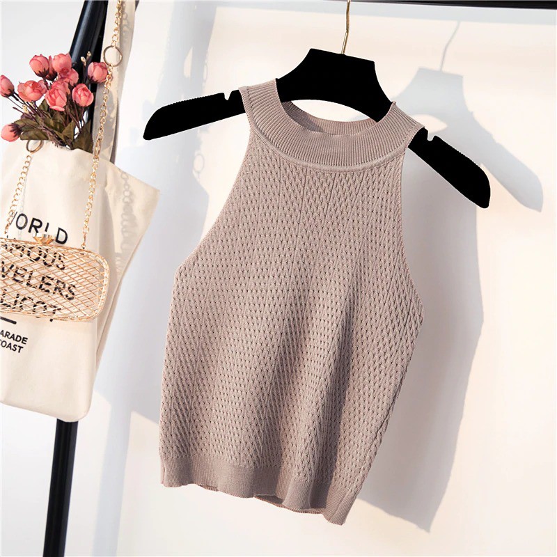 Korean Halter Tank Top Atasan Wanita Rajut C205-Khaki