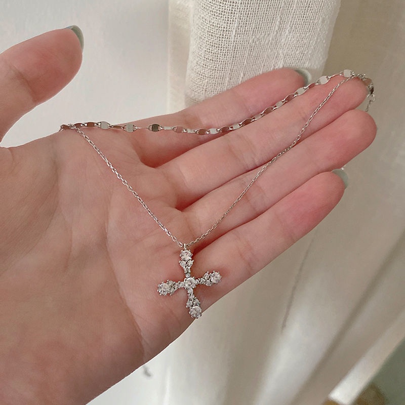 Kalung Rantai Klavikula Pendek Lapisan Ganda Bahan S925 Silver Dengan Liontin Salib