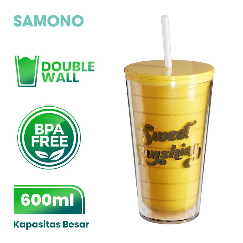 Kuning Botol Minum Tumbler 2 Lapis Wall dengan Sedotan 600ml BPA Free Anti Pecah SAMONO SC002 ORI