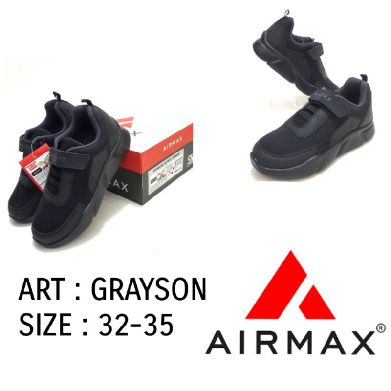 SEPATU SEKOLAH ANAK UNISEX ALL BLACK TERMURAH AIRMAX GRAYSON TANGGUNG SIZE 32-35