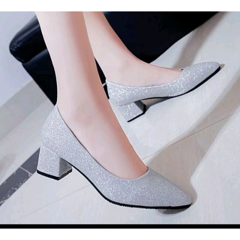 sepatu wanita hak 5cm gliter silper