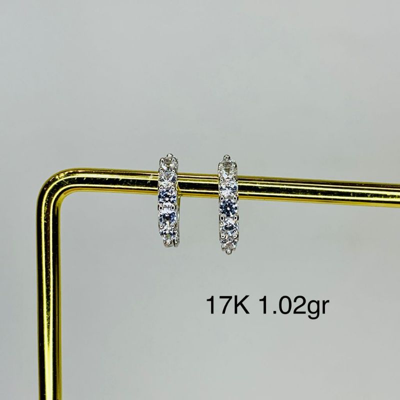 Anting Giwang Jepit Emas Asli Kadar 750 17K Putih 1 Baris Listring Batu Permata Zircon