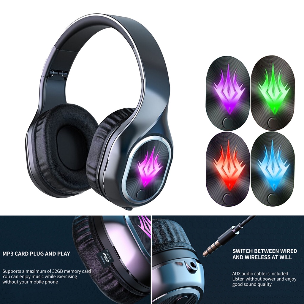 Headset Bluetooth Gaming Earphone Stereo Headphone Music Over Ear With Mic 9D Dynamic HD Sound RGB Light For Komputer Laptop Handphone- T2