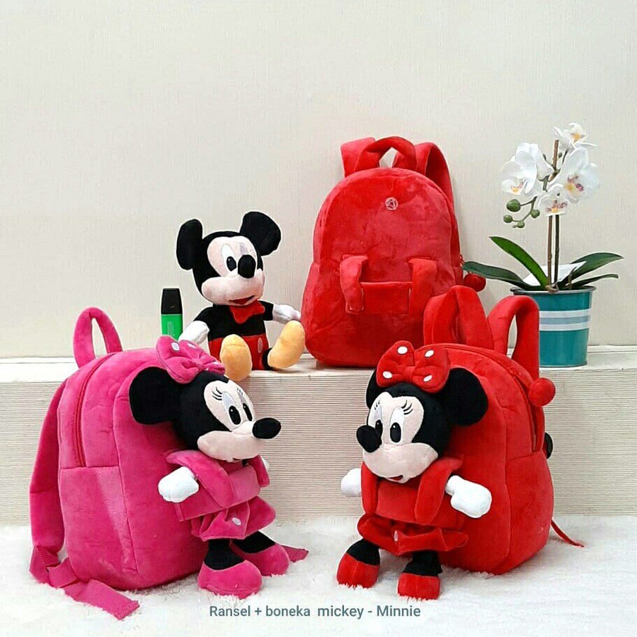 Tas Ransel & Boneka Mickey & Minnie Mouse tas Sekolah Main Anak-anak TK PAUD SDIT SD Boneka