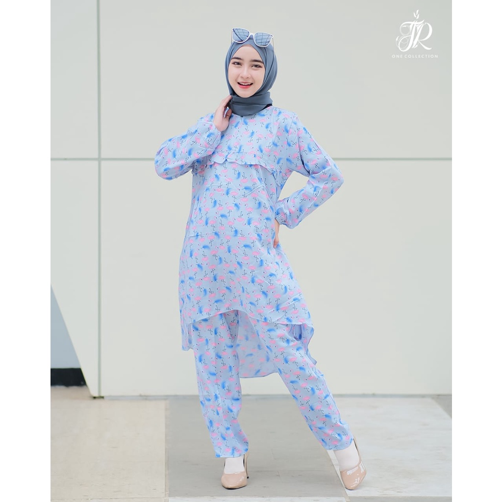 One set Celana Rayon MOTIF camelia abstrak tifany flamingo original JR ONE model bat cave homedress