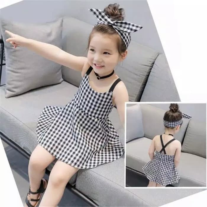 TBI Fashion Import Gaun Princess Anak Kotak-kotak Model Princess Baju Cute - 5-6 tahun, Hitam Putih