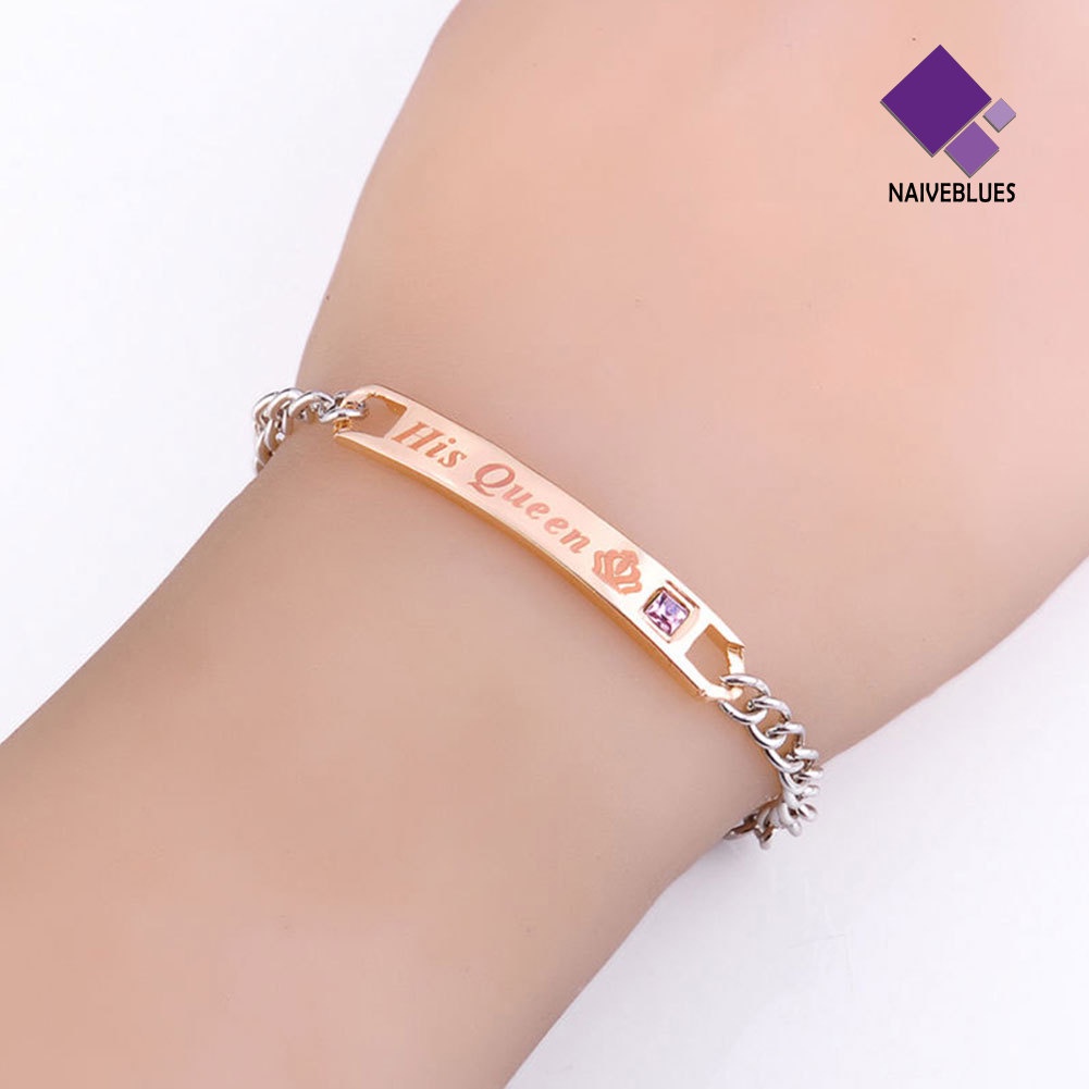 Naiveblue Gelang Tangan Rantai Baja Motif Tulisan His Queen / Her King Untuk Pasangan / Pria / Wanita