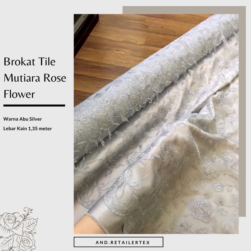 Kain Bahan Kebaya Brokat Tile Mutiara Rose Flower warna Silver