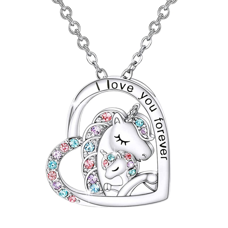 Kalung 925 Sterling Silver Dengan Liontin Bentuk Hati Motif I Love You Forever Mom Dan Baby Unicorn