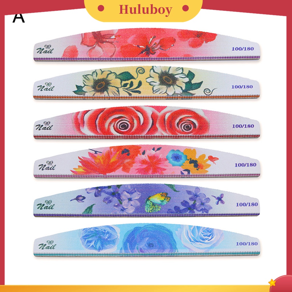 Huluboy Huluboy♡ 6pcs / Set Kikir Kuku Bentuk Bulan Sabit Dua Sisi Warna-Warni Untuk Manicure Wanita