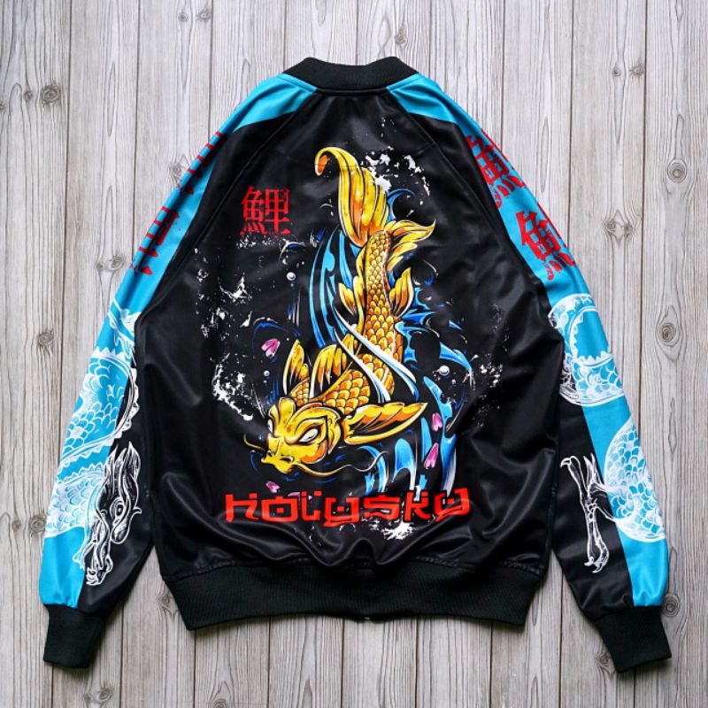 Bomber Sukajan Pria Jaket Cowok Gambar Naga ikan koi