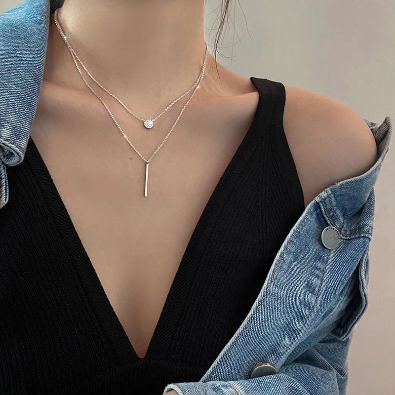 INS Cold Wind Long Strip Pendant Double Necklace/ Round Flash Diamond Clavicle Necklace/ Golden Silver Color Exquisite Alloy Necklace/ Female Simple Temperament Jewelry Accessories