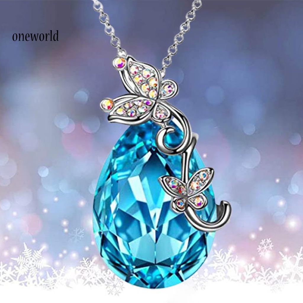 |Onwo Dress Mini Lengan Pendek Untuk Wanita| Kalung Rantai Desain Butterfly Waterdrop Aksen Kristal Imitasi Warna Biru Bahan Silver Plated Untuk Wanita