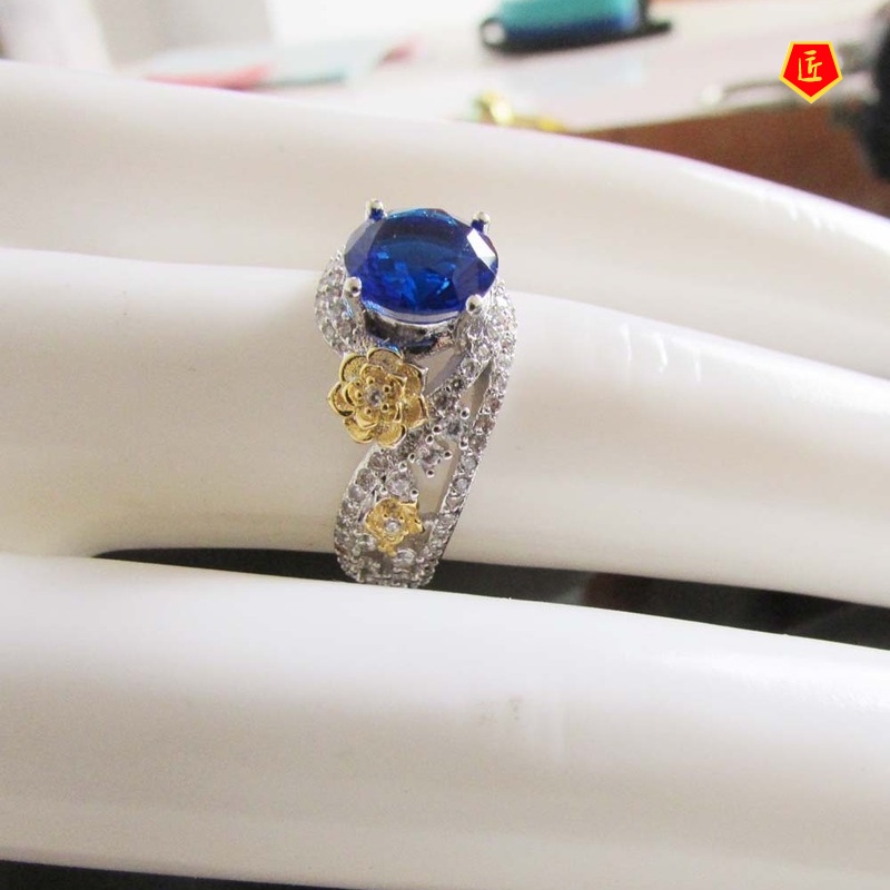 [Ready Stock]18K Micro-Inlaid Sapphire Gold Flower Color Separation Ring