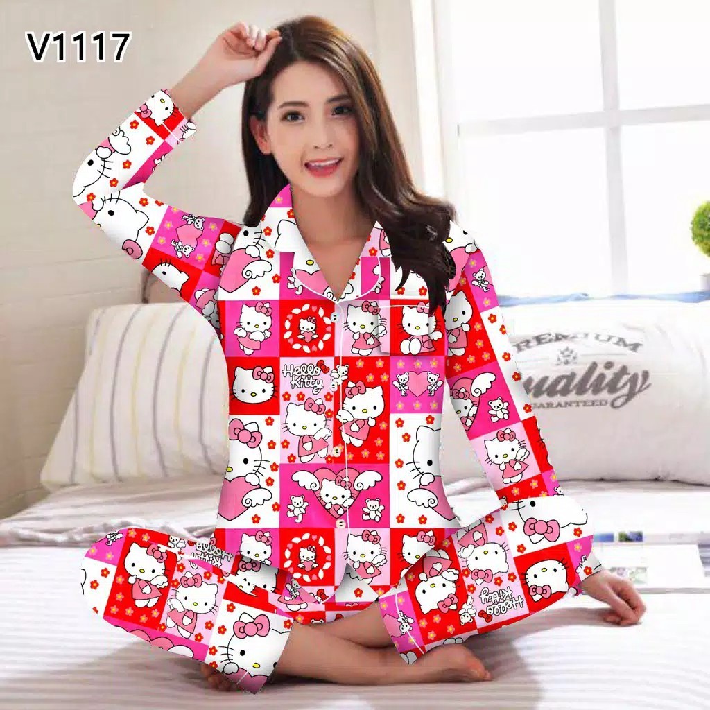 JNV Piyama PP Wanita Motif Karakter Kartun 02 - Baju Tidur Lengan Panjang - Bahan Katun-HK Kotak Mini Merah