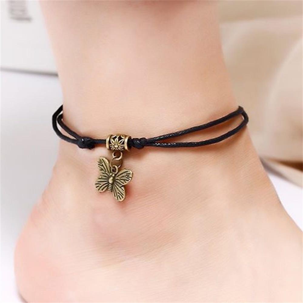 (Xijing3.My) Gelang Kaki Tali Woven Dengan Liontin Kupu-Kupu + Bunga Retro Untuk Unisex / Pria / Wanita