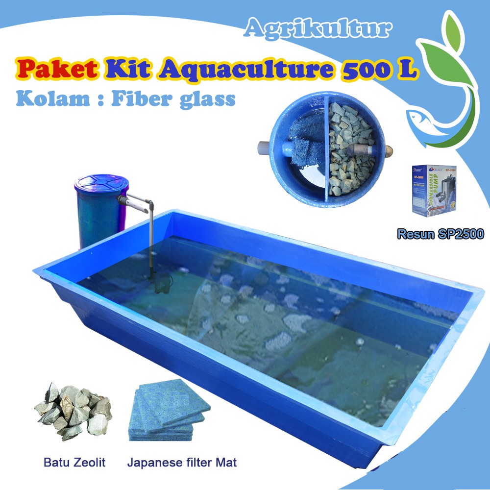 Paket kit Akuakultur / kolam Plus filter / Kolam ikan fiber 0.5 m3