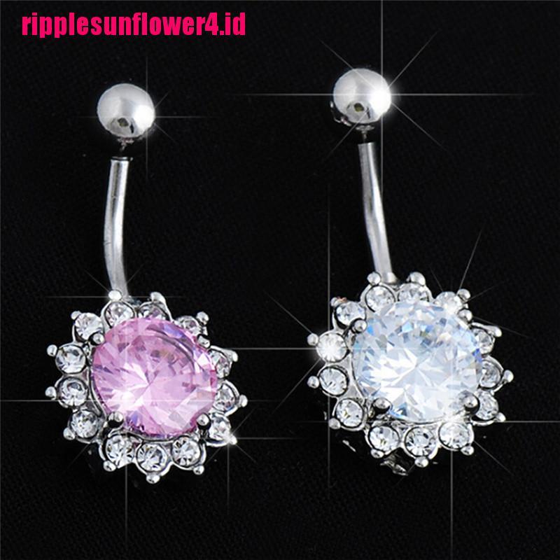 Anting Tindik Perut / Pusar Stainless Steel Model Bunga Dengan Kristal Untuk Wanita